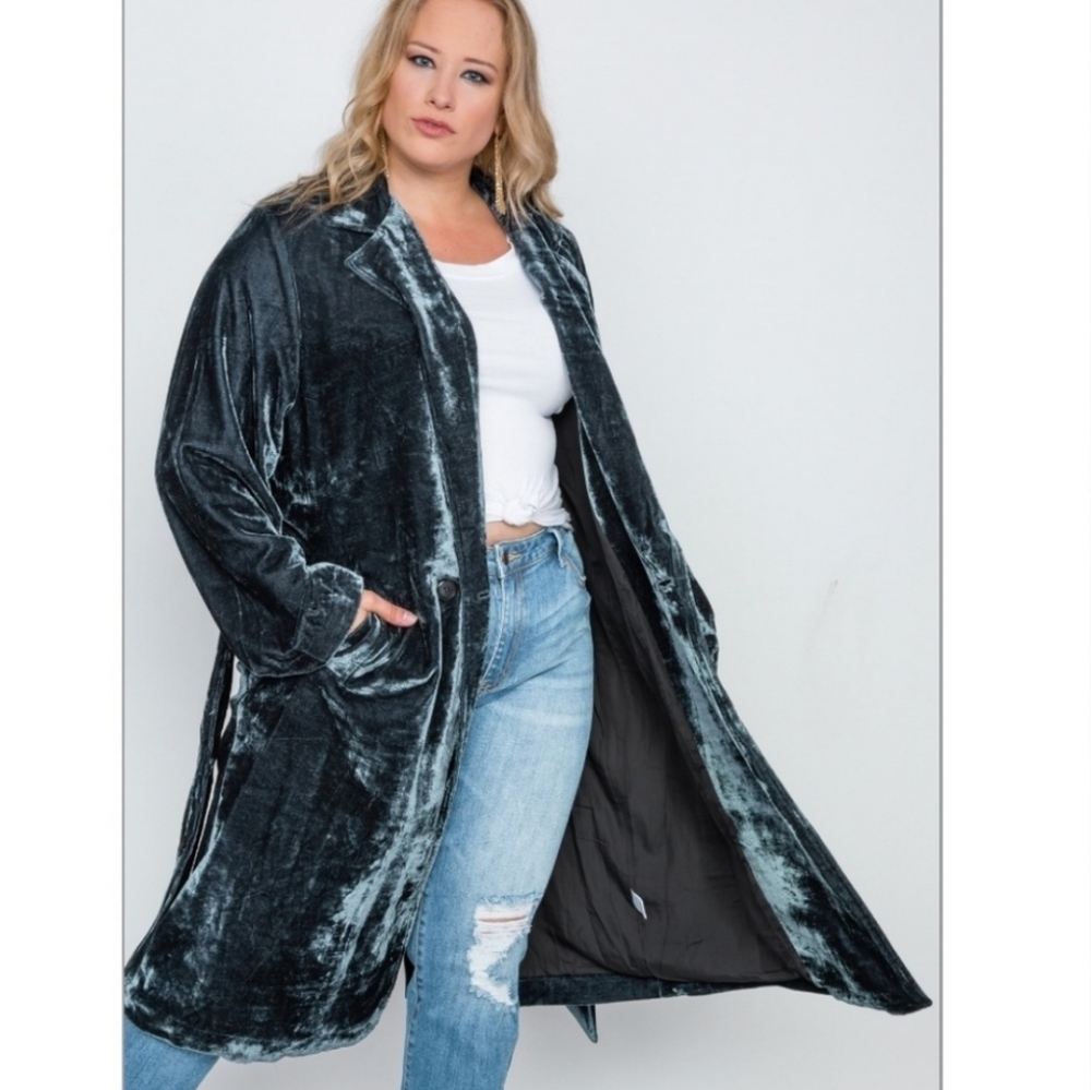 Plus Size Velvet Button Front Trench Coat